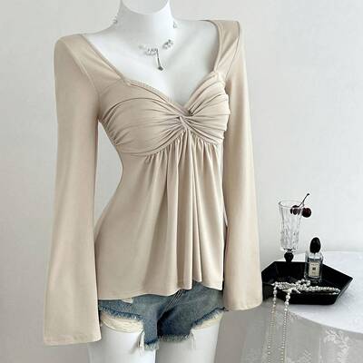 casual V-neck long-sleeved Fitted T-shirt with knotted