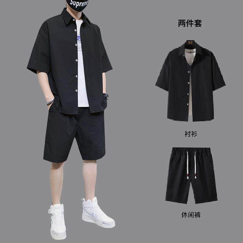 潮牌男士短裤衬衫套装夏季韩版潮流男装一套搭配痞帅宽松短袖衬衣