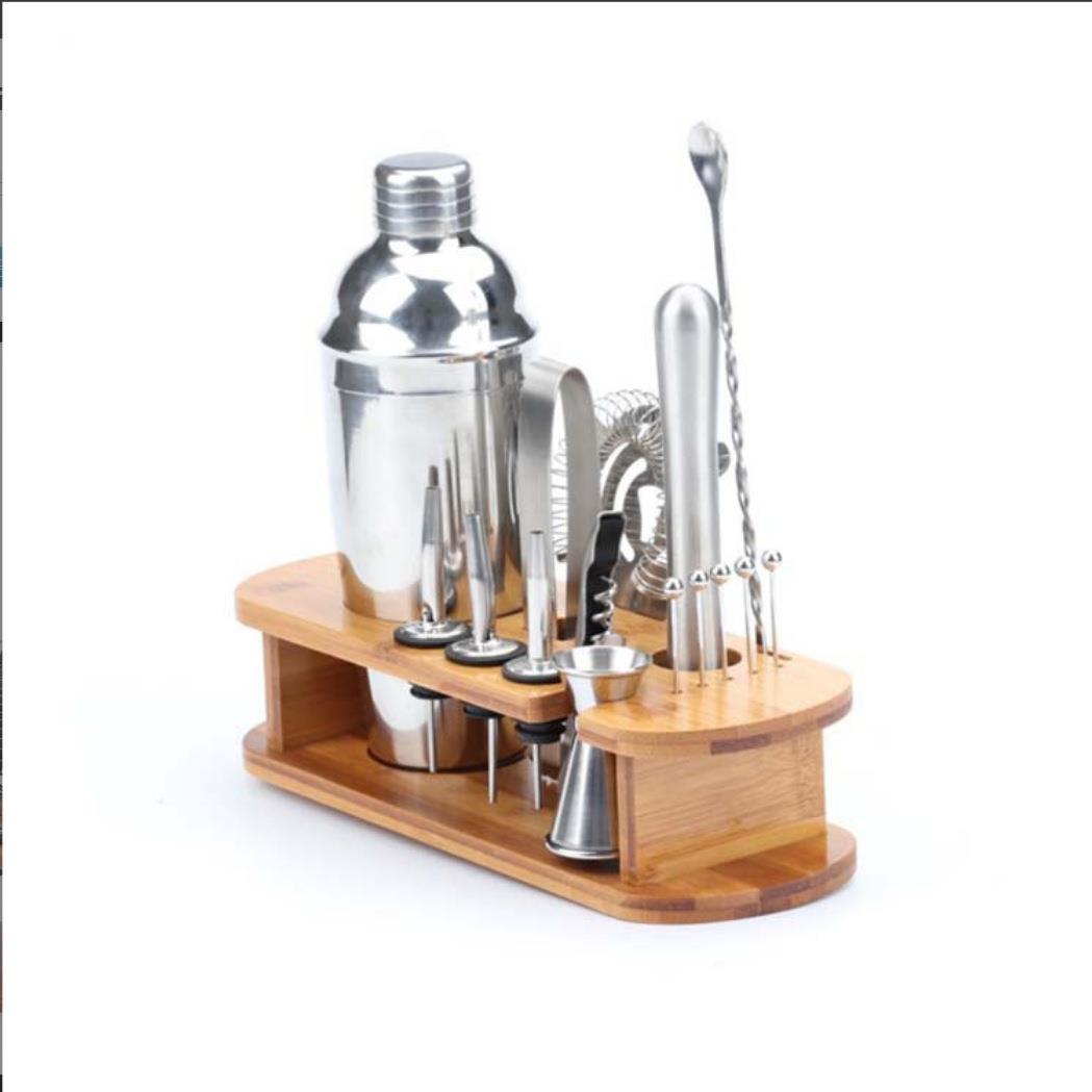 亚马逊TOP不锈钢调酒器套装木架套装16件套酒具工具组合搅拌勺
