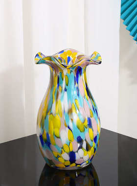 器设计新款北欧玻璃点花瓶高级艺术制吹彩色家居装饰手工波色撞花