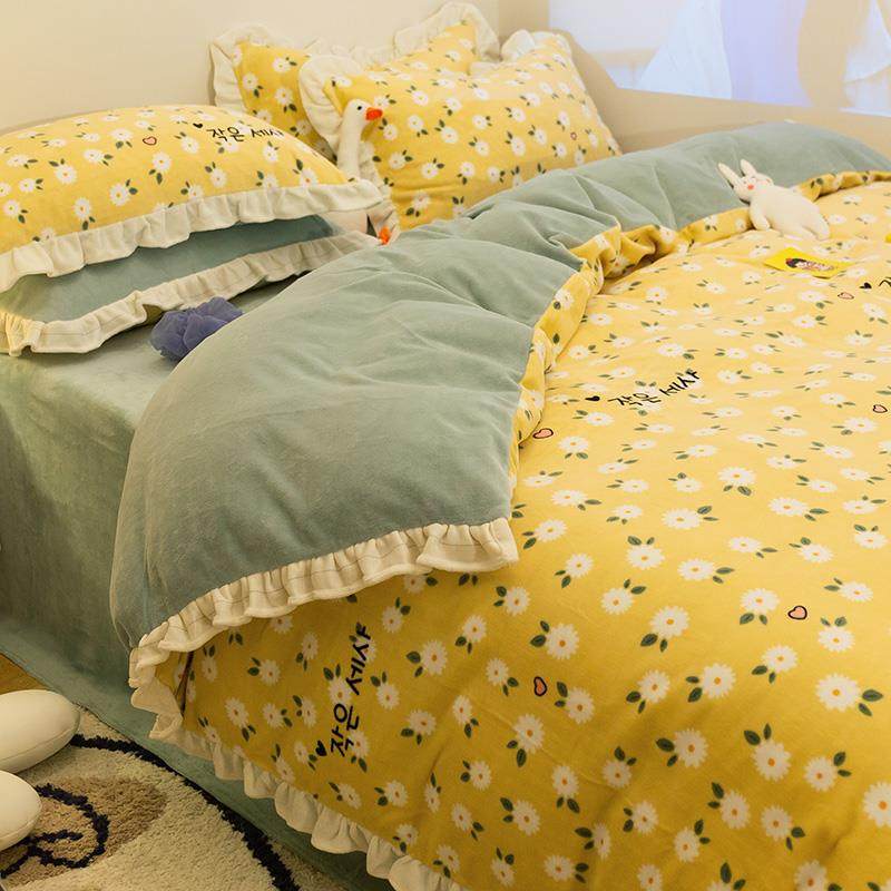 正品床ins简约色风牛奶绒4四件套奶油格子加厚暖保法兰绒珊瑚绒被