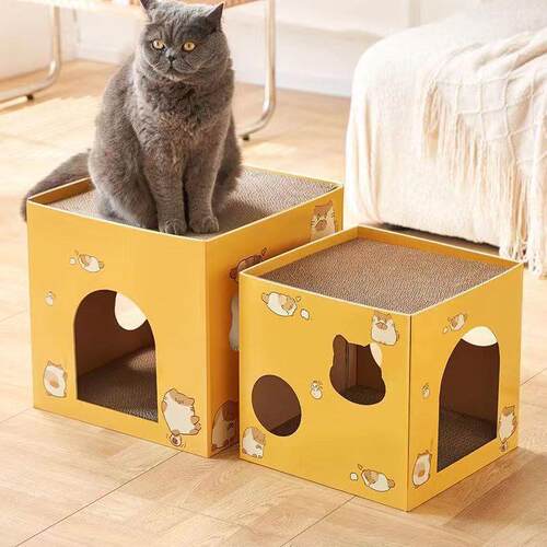 新款直销正方形猫窝内置瓦楞纸替换芯磨爪猫抓板可折叠猫咪房子
