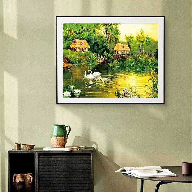 欧式田园天鹅湖十字绣2024新款线绣客厅餐厅风景画简单自己手工绣