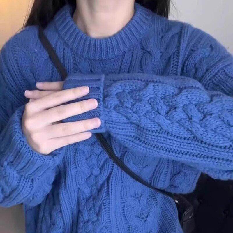 法国Rixo Kelly克莱因蓝色重工粗线麻花毛衣慵懒风复古绞花针织衫