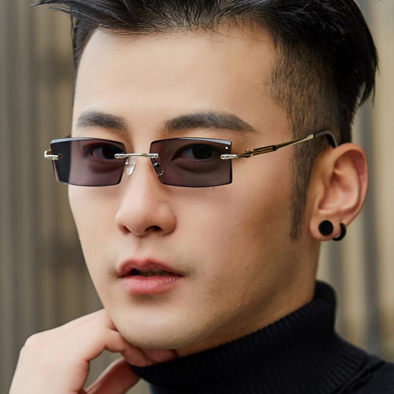 无框变色眼镜男士款潮防蓝光切边镶钻太阳镜墨镜近视平光防紫外线