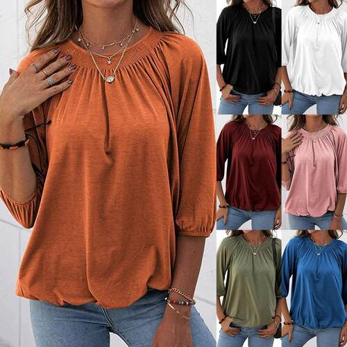 Shirt Blouse Womens Casual Cotton Solid Loose Pleated Crew