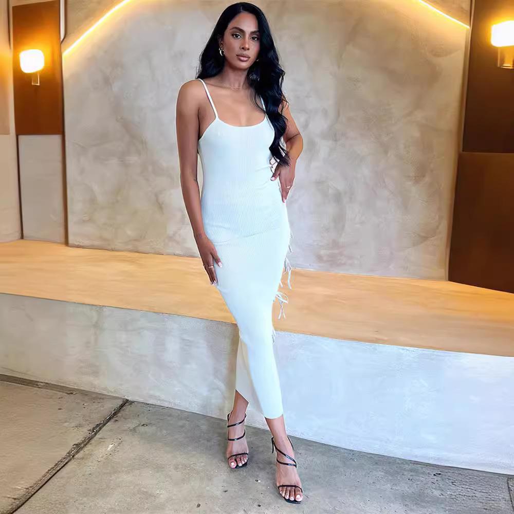 Sexy suspender dress with slits and straps solid color