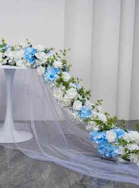 新挂款蓝白色系三婚件套MAR地排花仿真花庆用花摆装饰花成品件道