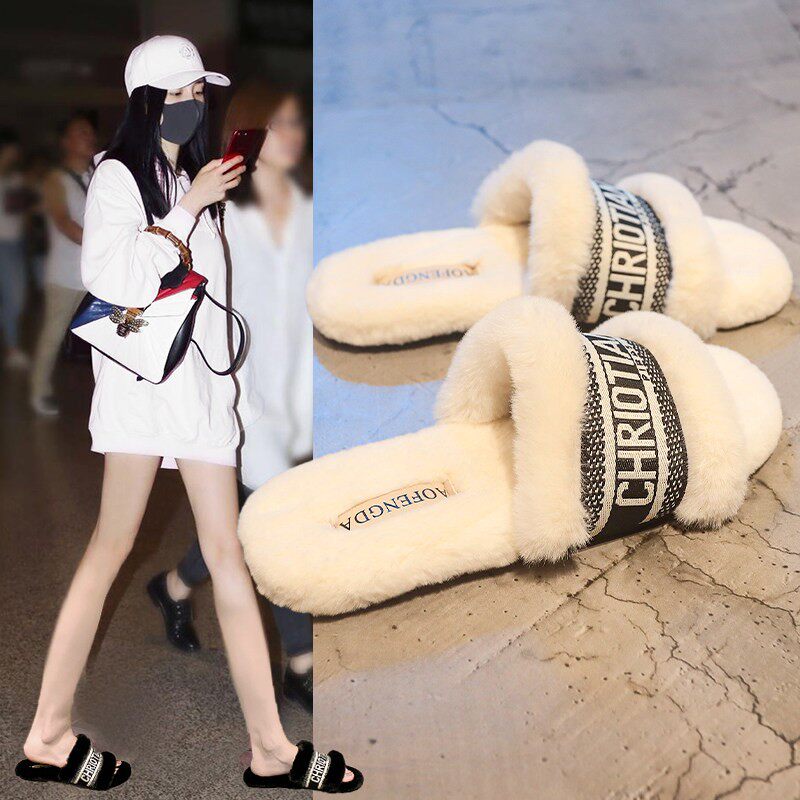 MAROLIO 百搭利器~ 毛毛拖鞋女外穿2025新款秋冬加绒兔毛一字棉拖