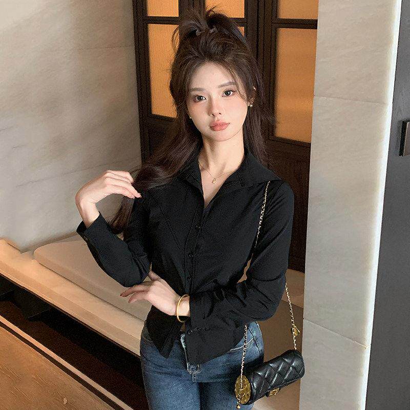 法式紧身性感修身制服上衣女春秋新款纯欲风辣妹收腰显瘦长袖衬衫