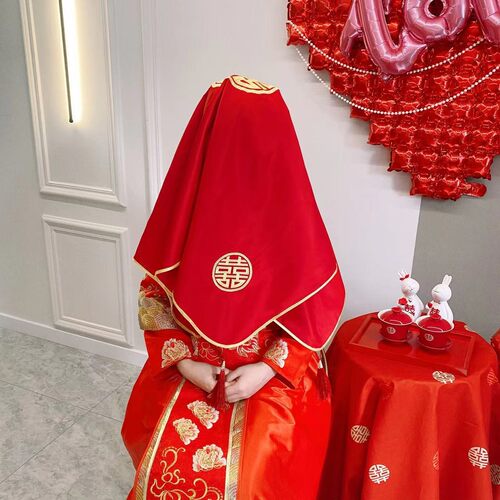 红盖头新娘中式刺绣结婚用品双层带流苏秀禾服头纱囍字龙凤