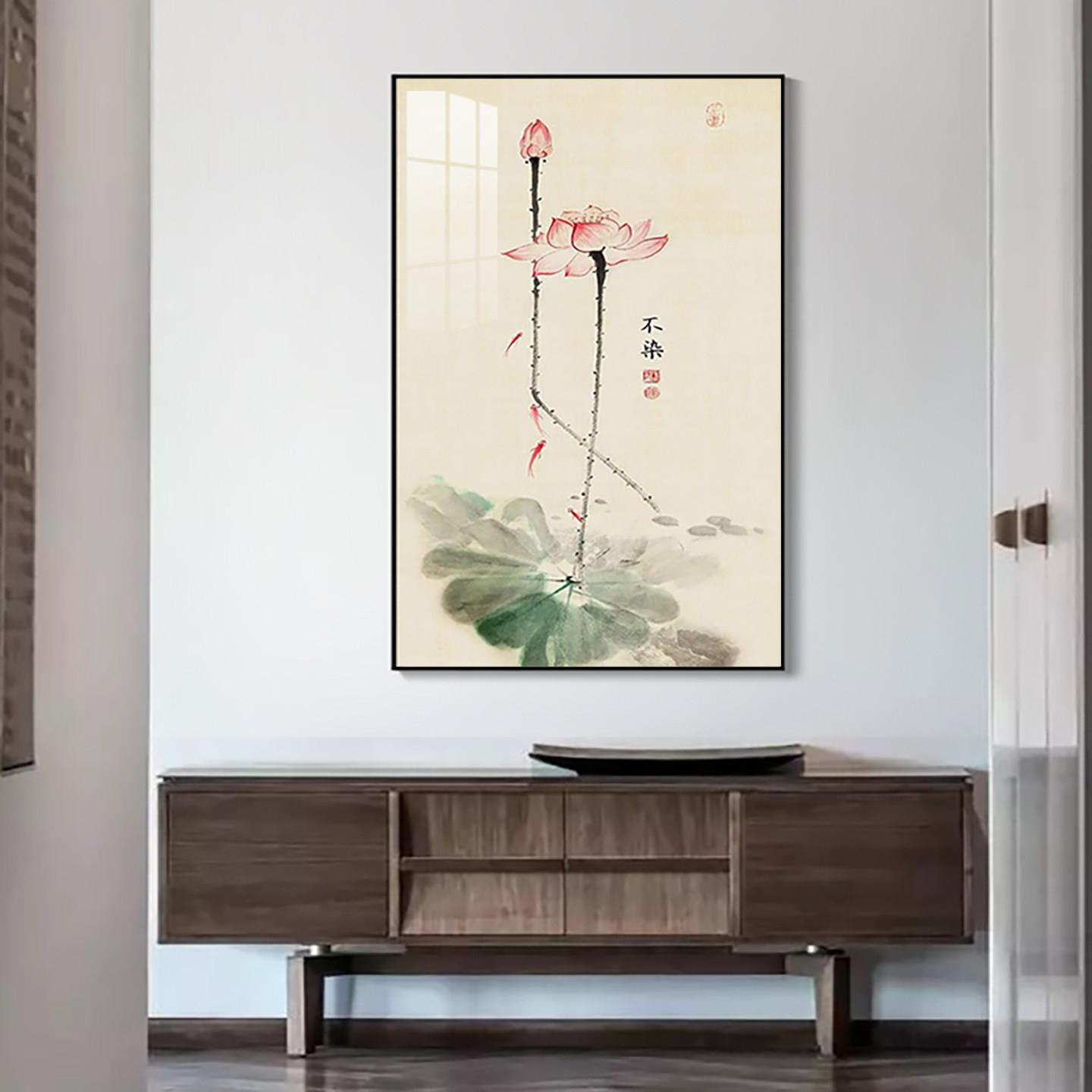 新中式荷气生财玄关装饰画茶室书房水墨画化妆室寓意挂画荷花壁画