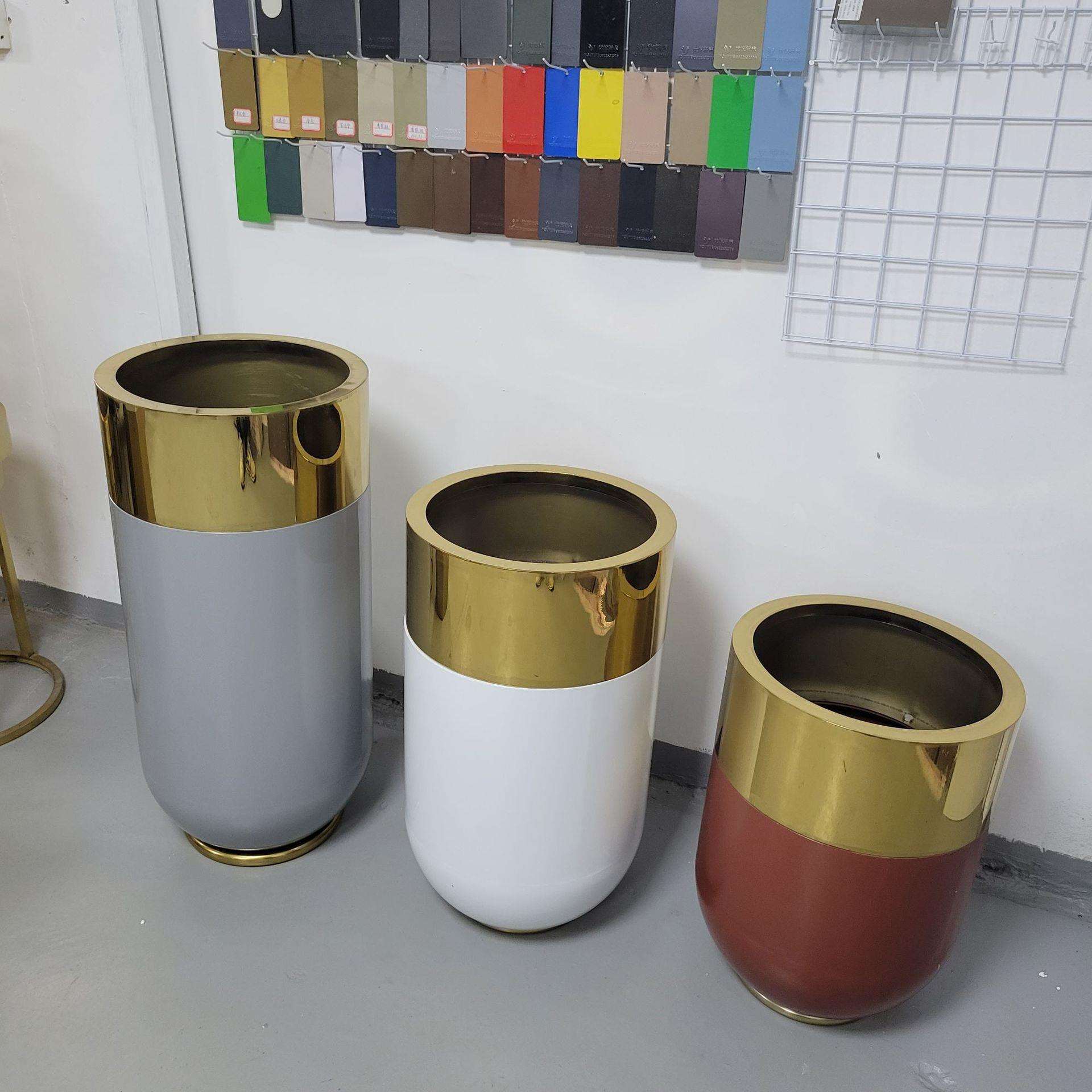 电镀金色圆形鼓形不锈钢花盆花钵花器欧美金色酒店花盆制作