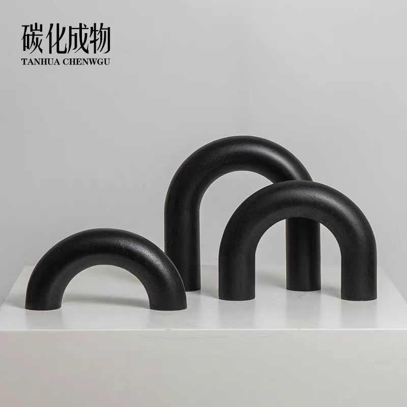 现代简约黑色木纹拱门几何艺术摆件样板间售楼处书房电视柜软装饰