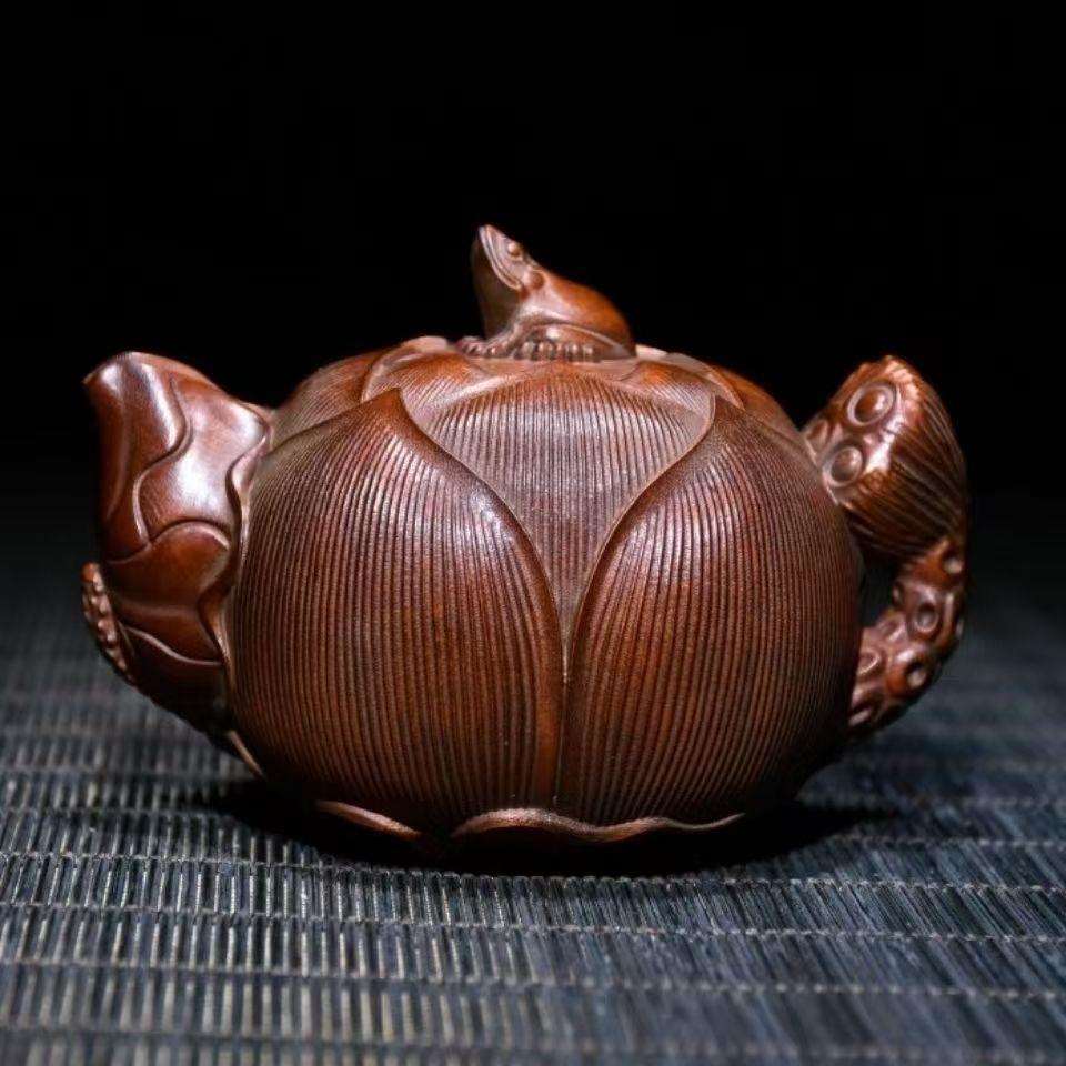 黄杨木莲花手把壶青蛙荷趣茶壶摆件手工雕刻招财功夫长寿精雕八方
