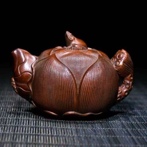 黄杨木莲花手把壶青蛙荷趣茶壶摆件手工雕刻招财功夫长寿精雕八方