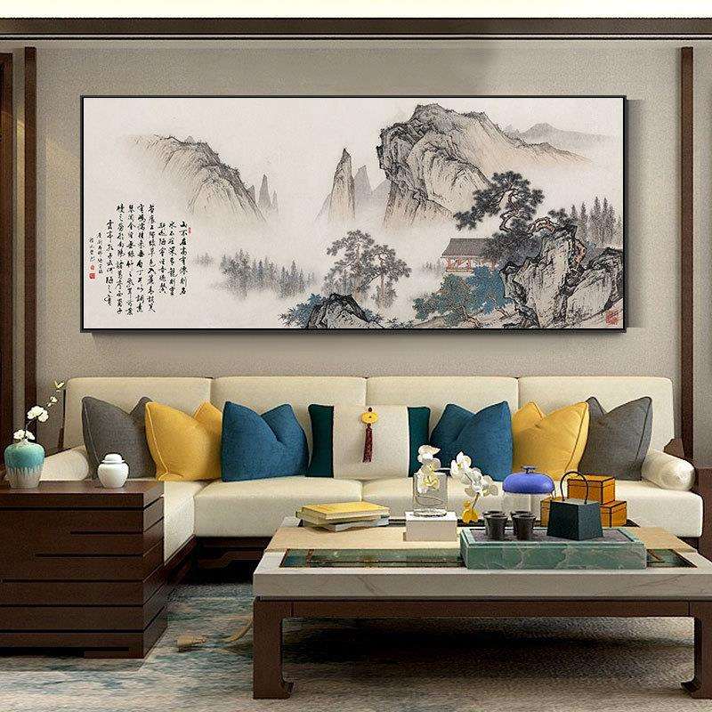 新中式玄关装饰画茶室走廊过道办公室挂画简约国画山水轻奢壁画