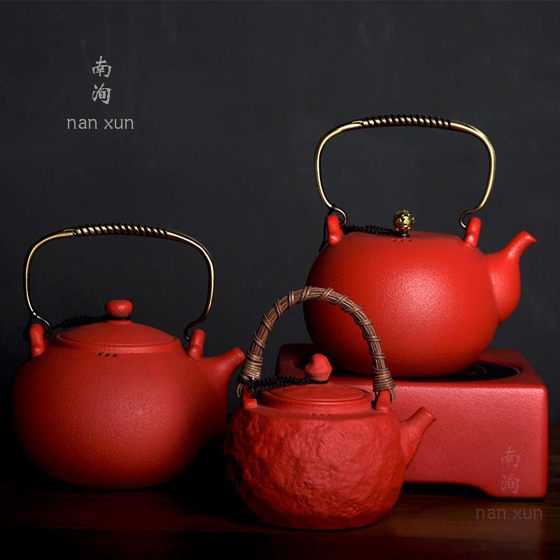 红色陶壶煮茶壶专用黑晶炉陶瓷中式烧水壶煮茶炉泡茶煮水壶提梁壶