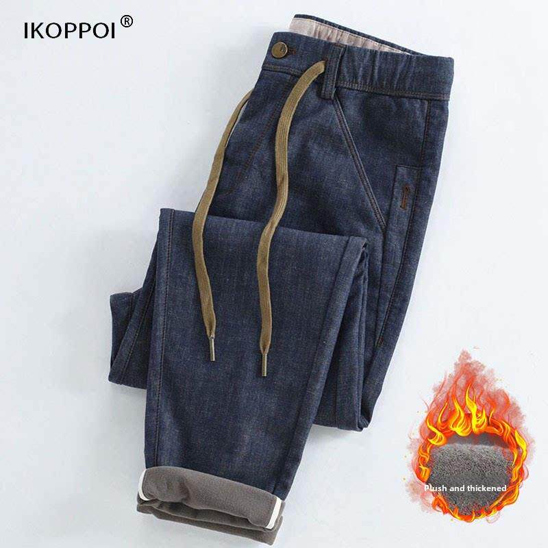 潮牌牛仔长裤男士秋冬季加绒加厚弹力直筒裤子潮流宽松百搭休闲裤