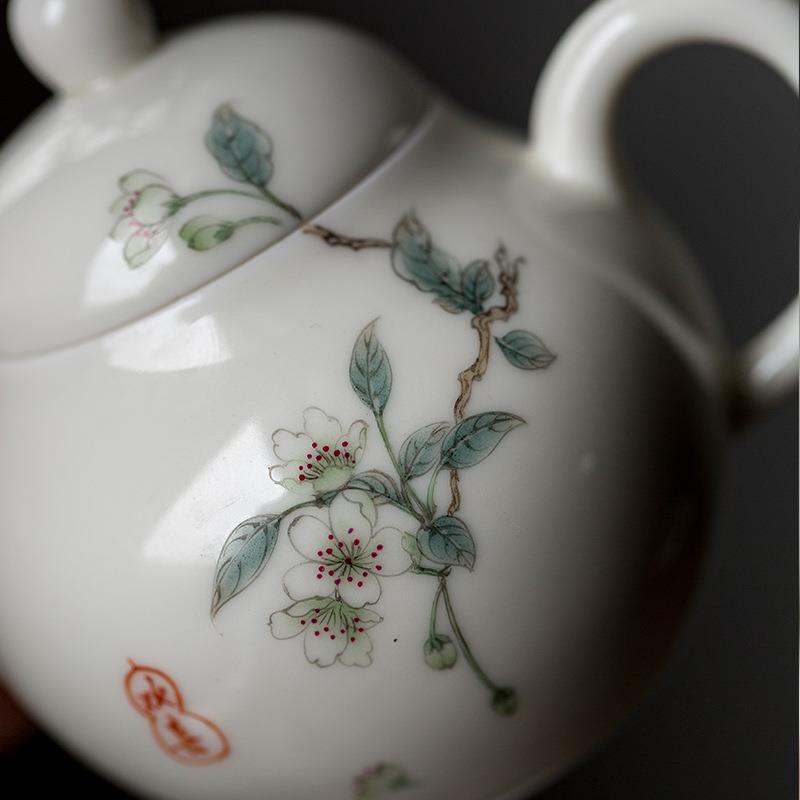 手杏白釉泡手绘海棠GL-CH005花茶壶复古釉上彩功夫茶壶陶瓷家用执