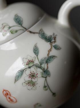 杏白中手彩绘海棠花茶壶复古釉VVE上功夫泡茶壶陶瓷家釉用式手执