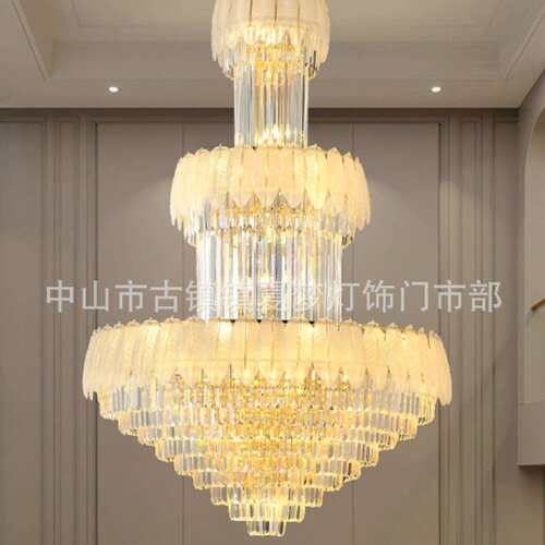 复式楼客厅大吊灯别墅楼中楼欧式水晶灯后现代轻奢旋转楼梯长吊灯