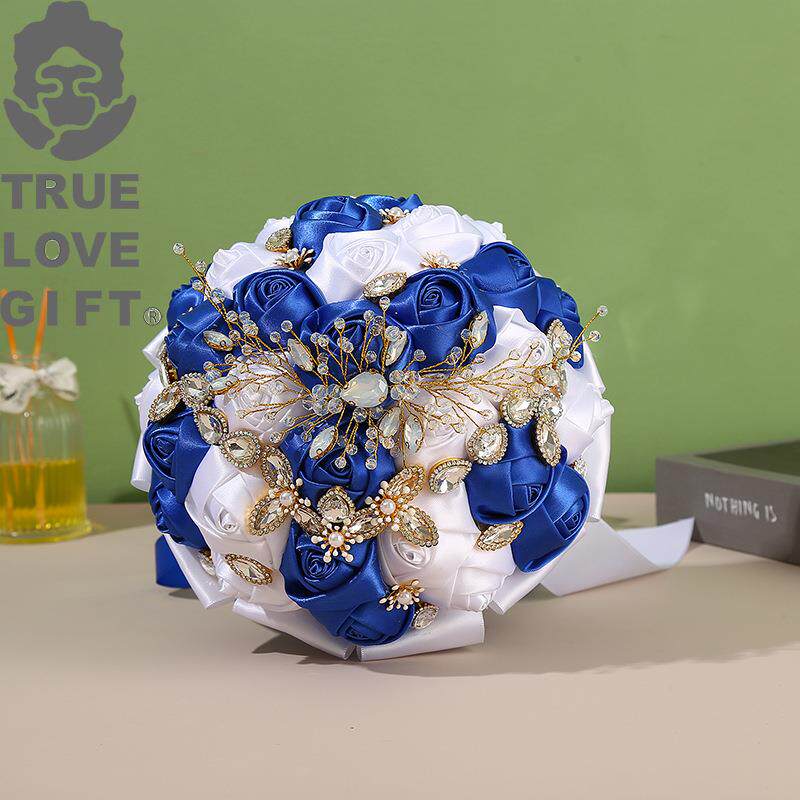 跨境亚马逊新娘水钻手捧花 玫瑰花束缎带伴娘婚庆手捧花 厂家直销