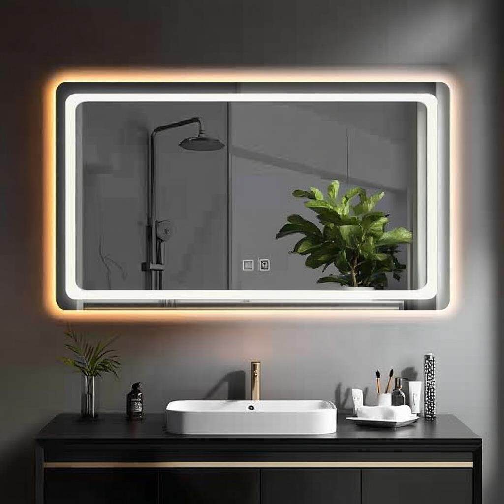 LED钢化浴室镜横板欧规三色变光可触摸屏(时间+温度+除雾)镜子