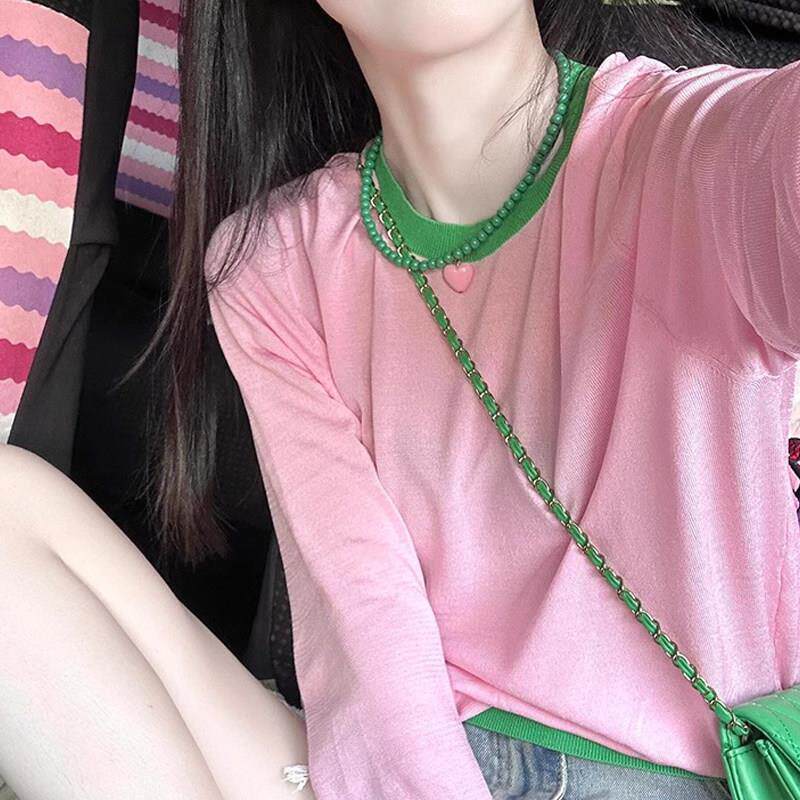 防晒撞色长袖T恤女2025春秋季新款多巴胺针织衫薄款粉色罩衫上衣