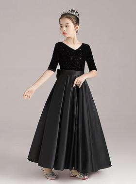 正品女童黑色V领钢琴服公演出服主裙儿礼童管弦乐团中袖面舞台缎