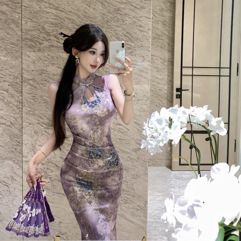 新中式国风金丝印提花挖肩水滴碎花旗袍紫色韵味连衣裙显身材裙子