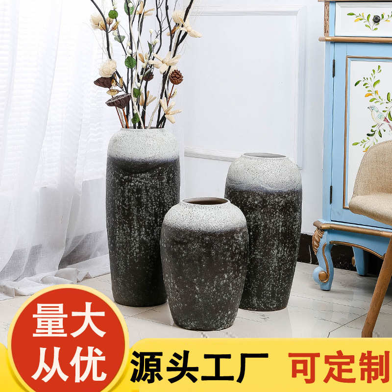 景德镇厂家直销新款落地大花瓶粗陶 陶瓷花瓶摆件软装花插三件套