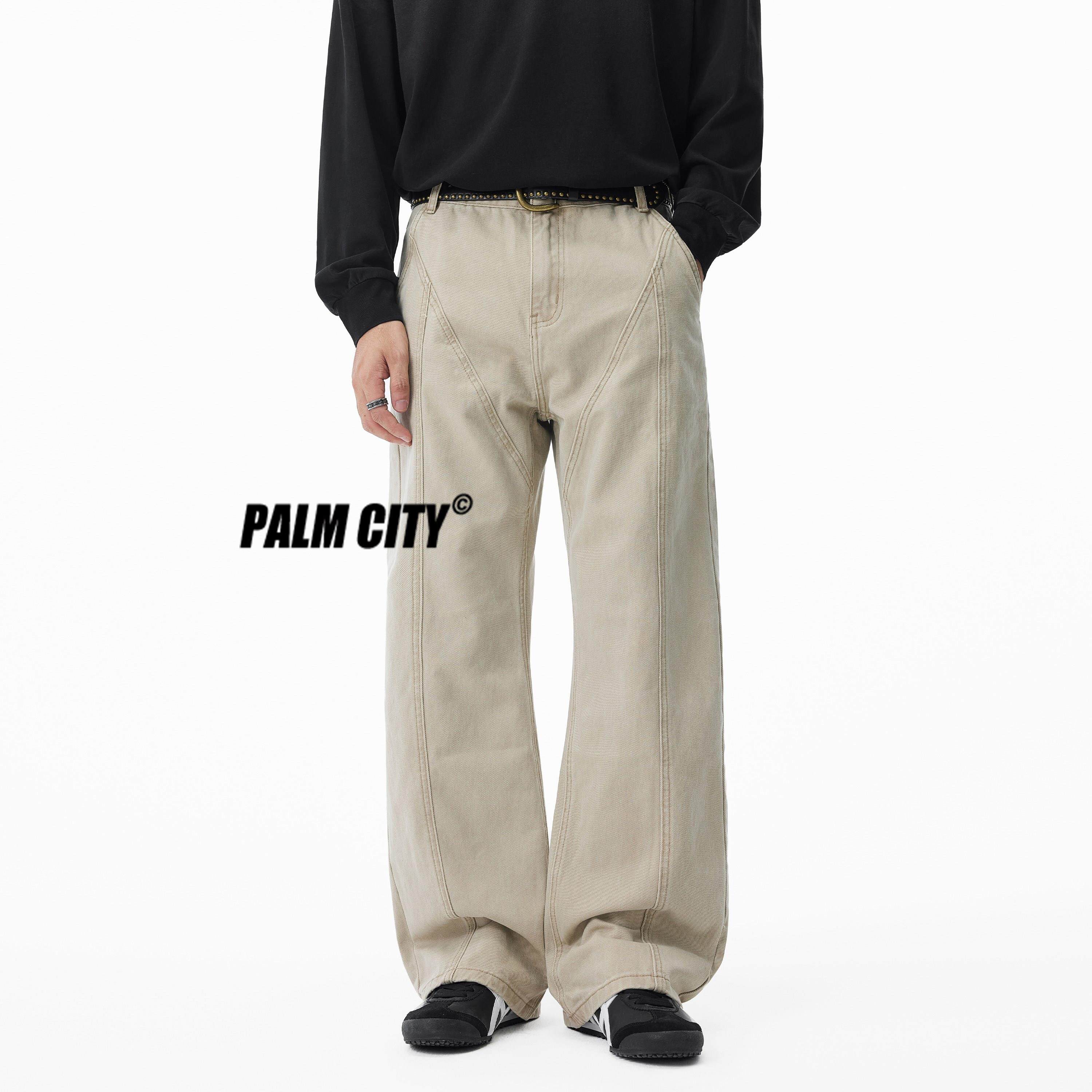 PALM CITY解构拼接牛仔裤男士春夏宽松复古美式潮流微喇休闲长裤