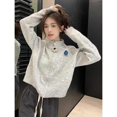 2025秋冬新款高领毛衣外套女宽松短款小个子慵懒风韩系灰色针织衫