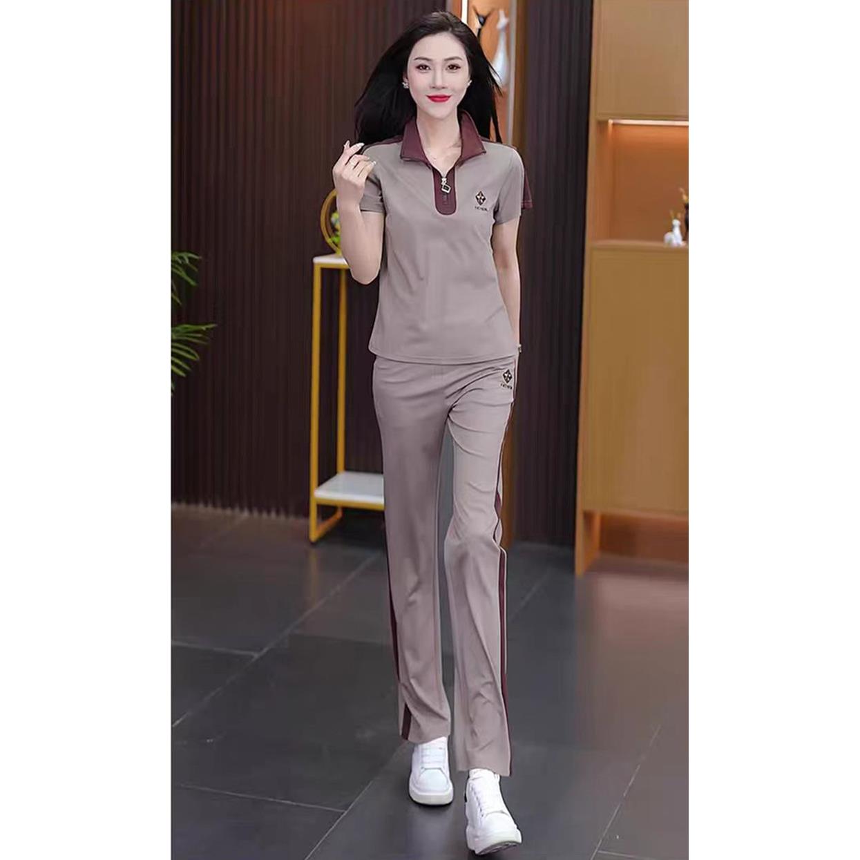 冰丝休闲运动套装女2025夏季新款洋派显瘦短袖直筒裤跑步服两件套