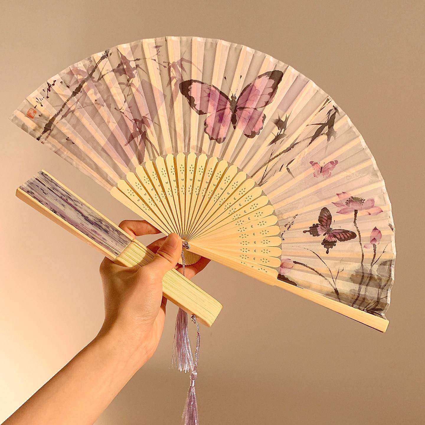 新中式古风紫蝶折叠扇子女夏季可携式中国风汉服旗袍舞蹈扇家用竹