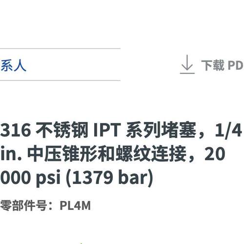 Swagelok世伟洛克PL4M不锈钢IPT堵塞1/4in.中压锥形螺纹20 000psi