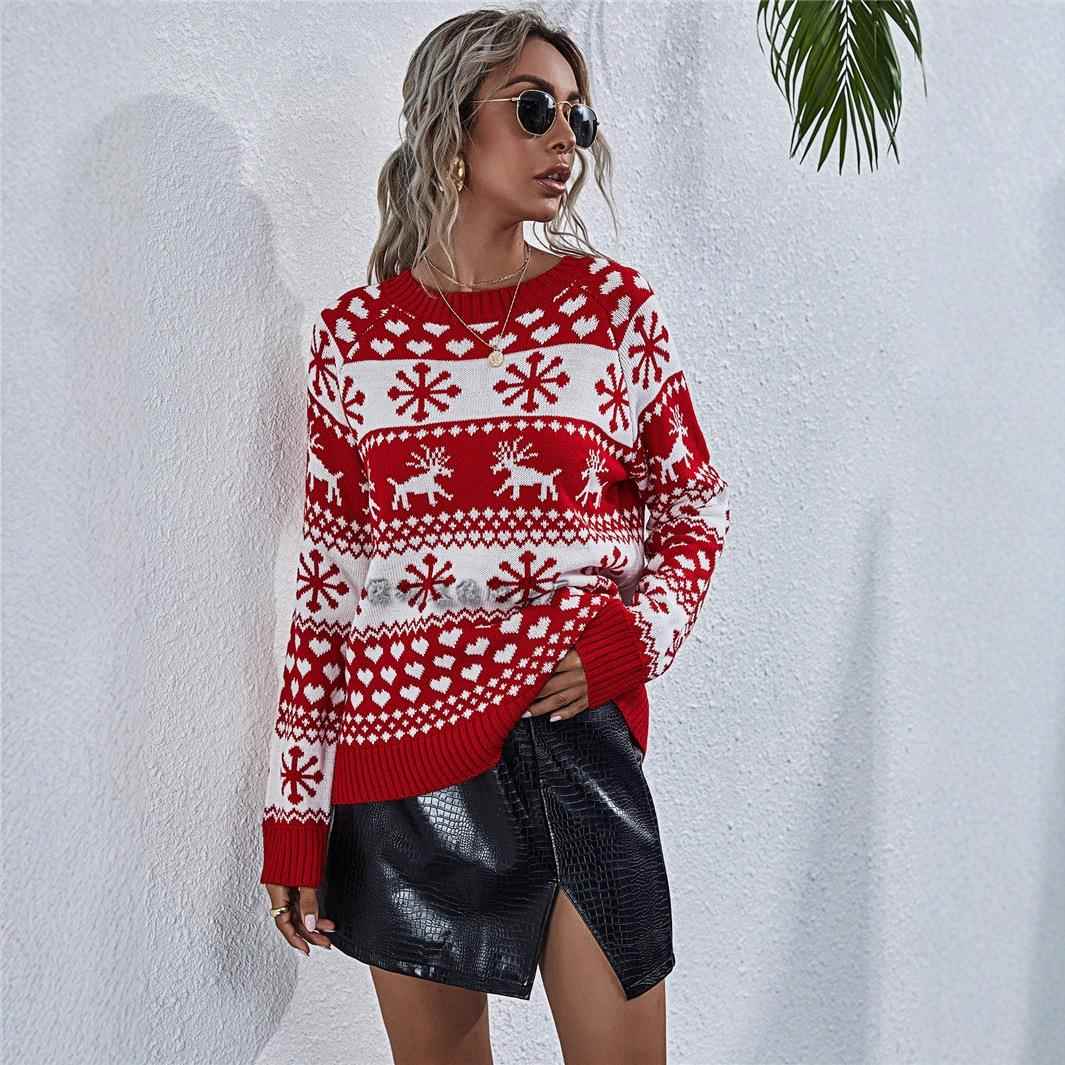 pullover sweater elk round snowflake womens Christmas