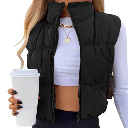 Women Cropped Puffer Vest Zip Up Stand Collar 2025