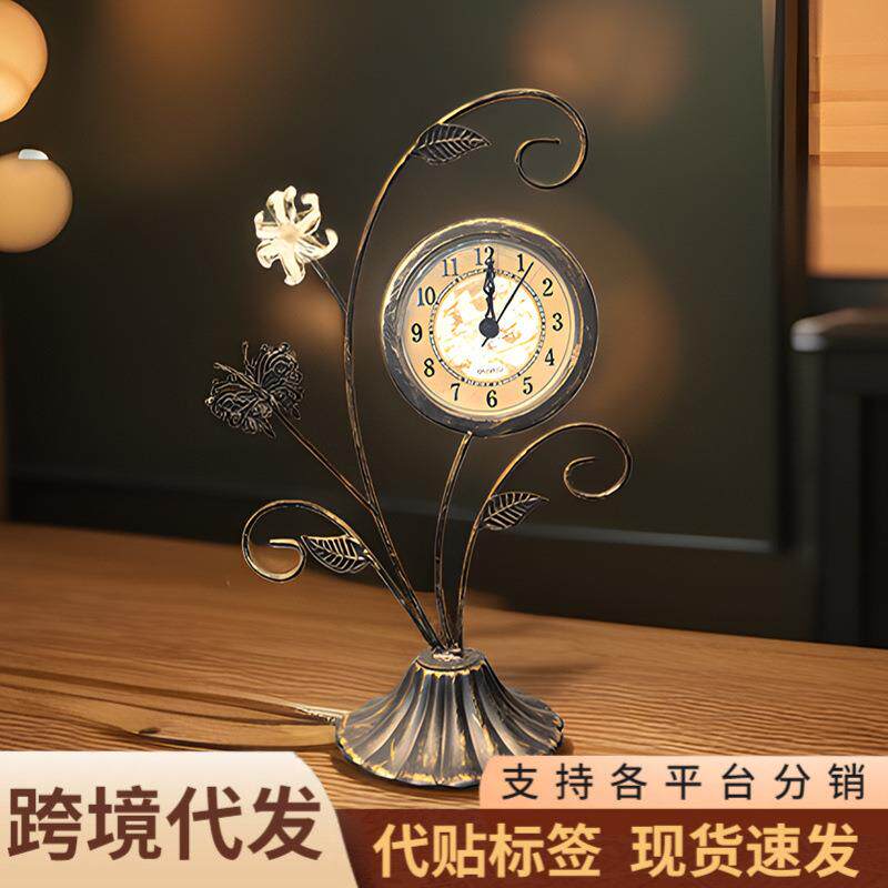 花卉蝴蝶座钟复古做旧台钟桌面摆件装饰钟表静音机芯卧室客厅铁艺