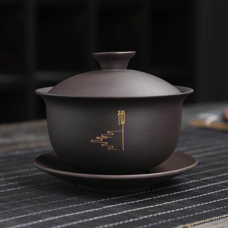 紫砂盖碗中大容量功夫茶具套组泡茶器小德钟 钟壶家用三才杯刻字
