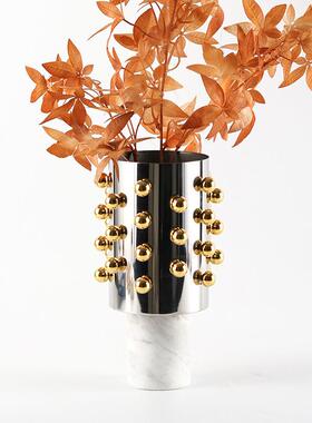 轻奢金属珠点花瓶现代家居样板间摆件圆桶艺术大理石底座花器饰品