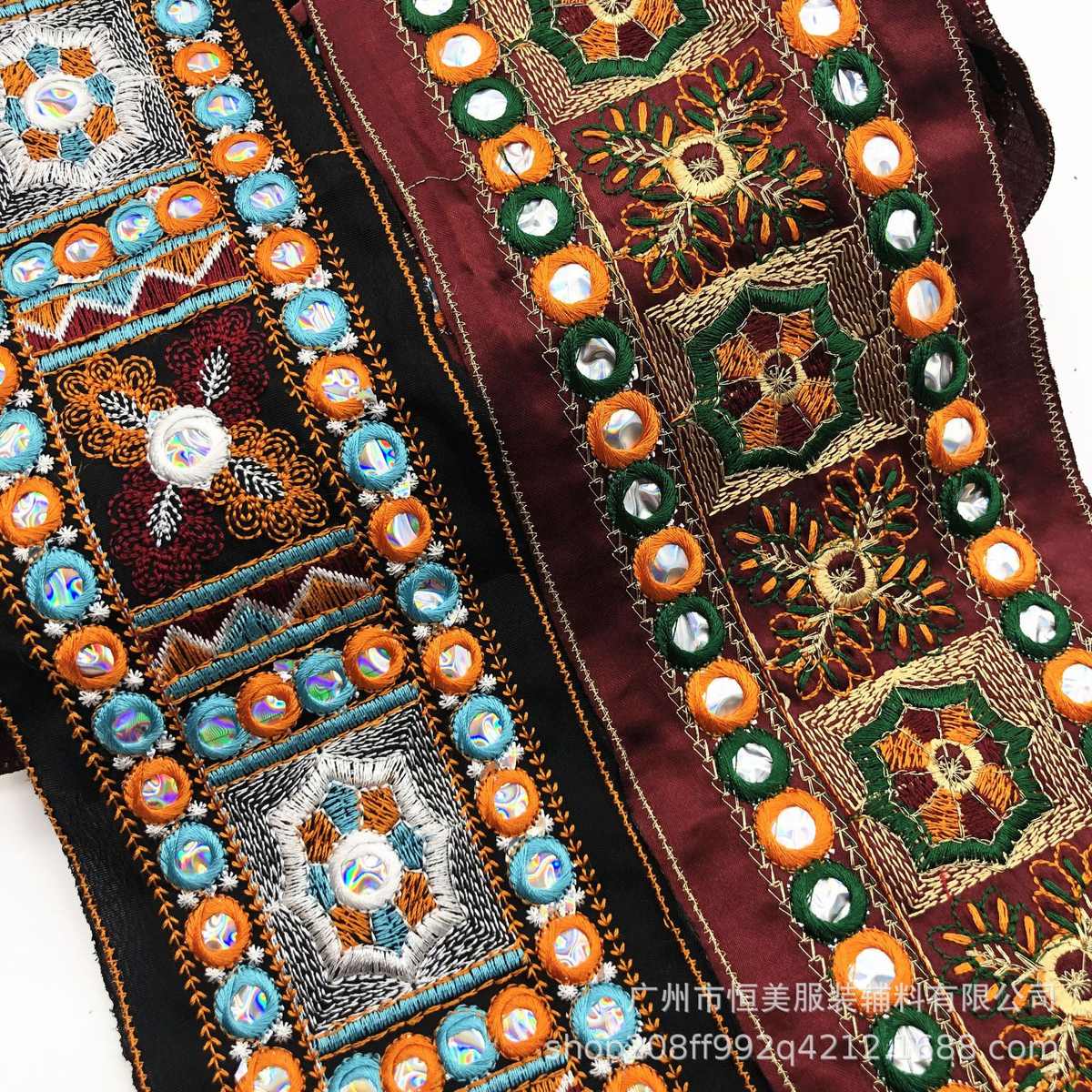 欧美外贸复古民族风彩色镜片刺绣花边 时装辅料绣花条码 厂家直供