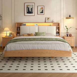 床全实木1.8米双人床软靠带感应灯主卧原木风架子床现代简约