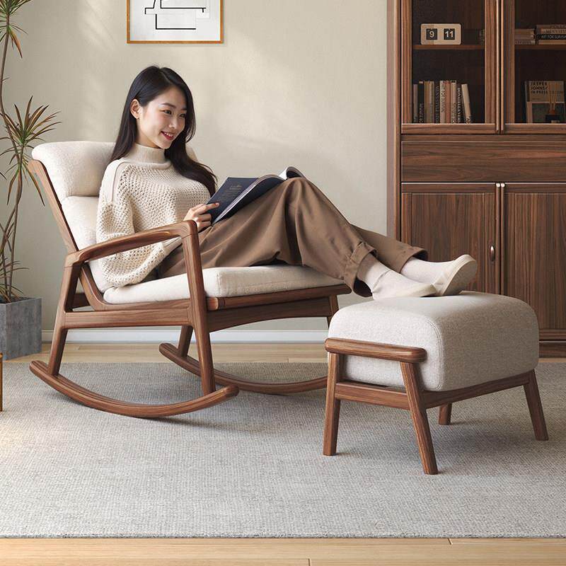 新中式黑胡桃木摇摇椅躺椅全实木大人阳台休闲椅简约现代懒人沙发