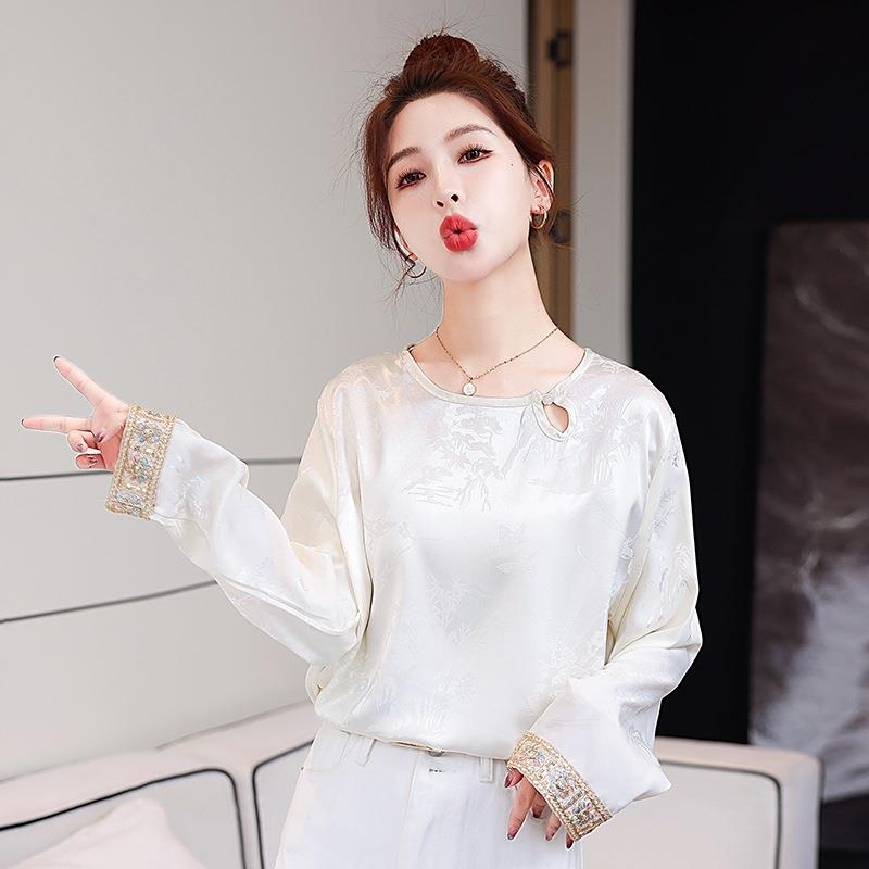 新中式国风长袖衫女装级春ZHAN2905衬秋新款高感气质缎面上盘扣小