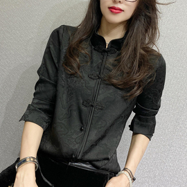 黑色高级感衬衫女复古中国风时尚洋气长袖盘扣，衬衣显瘦气质上衣潮