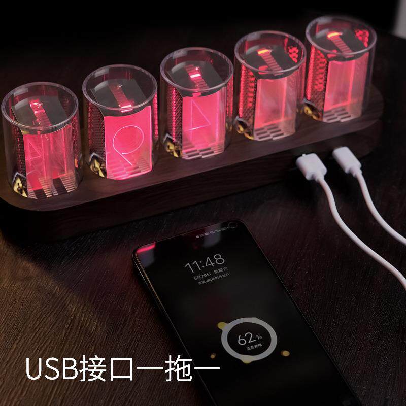 拟辉光管时钟RGB七彩夜灯复古朋克机械风电子时钟辉光管桌面摆件