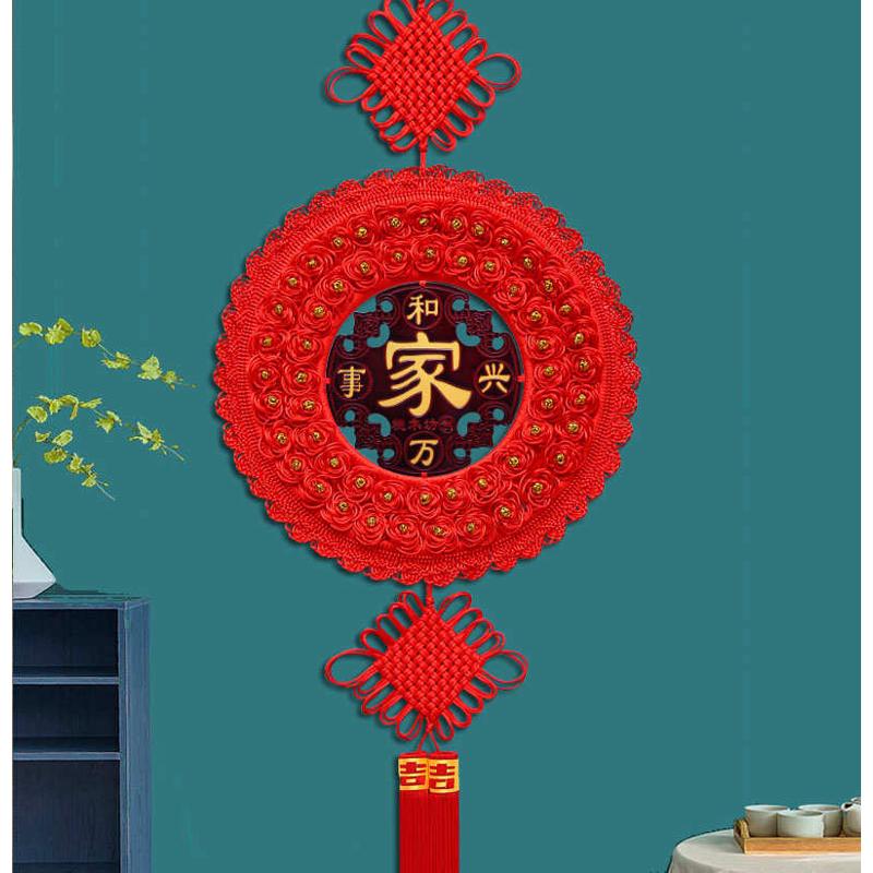 高档圆形中国结挂件客厅大号桃木福字乔迁玄关电视墙装饰新年家居
