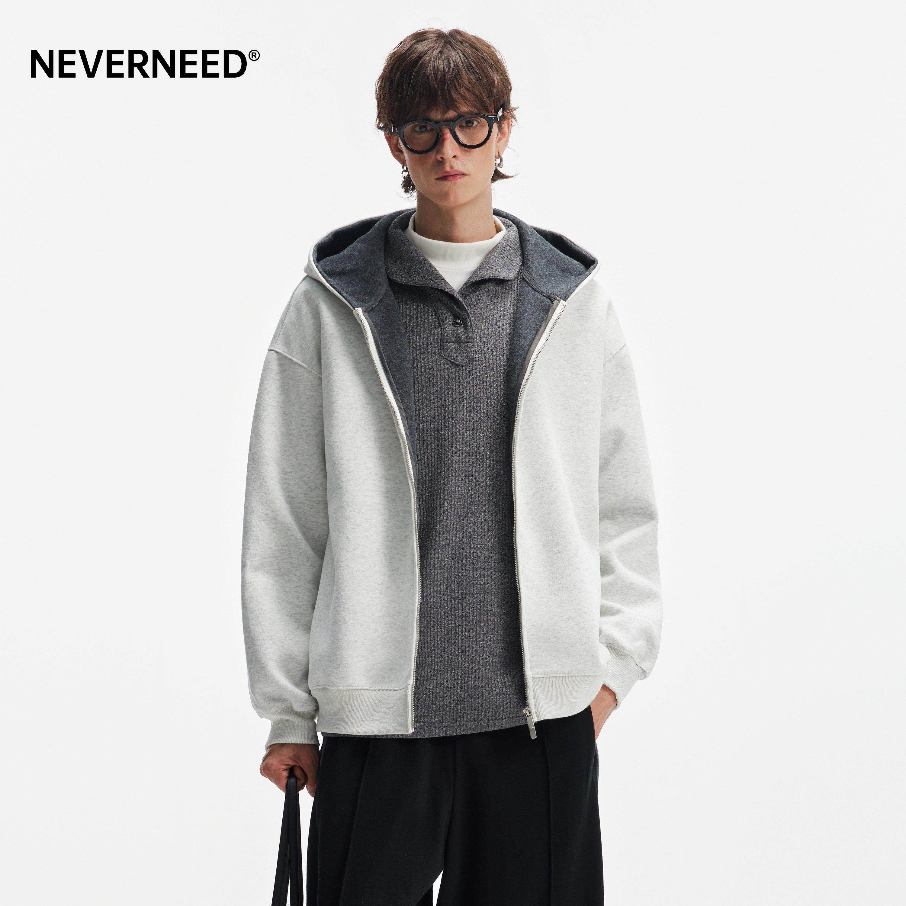 NEVERNEED重磅撞色短款连帽卫衣男女春秋季美式双拉链开衫外套潮